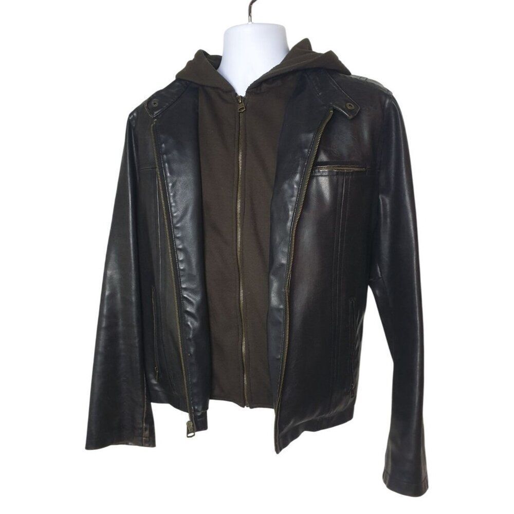 VTG Levi's Men's Faux Leather Jacket L With Brown Hoodie Quilted Lining Zip LG